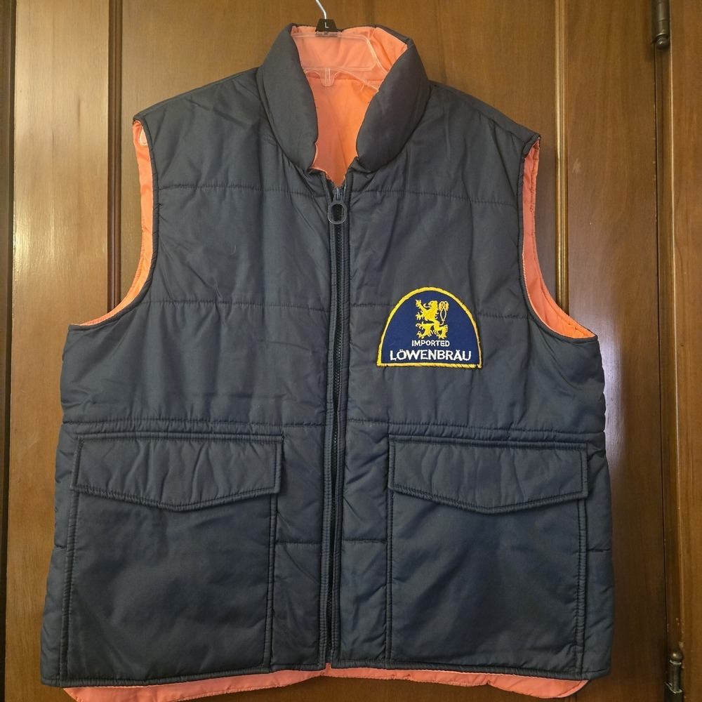 Vtg Lowenbrau Brand Quilted Reversible Pockets Retro Beer Import 80's Gorpcore